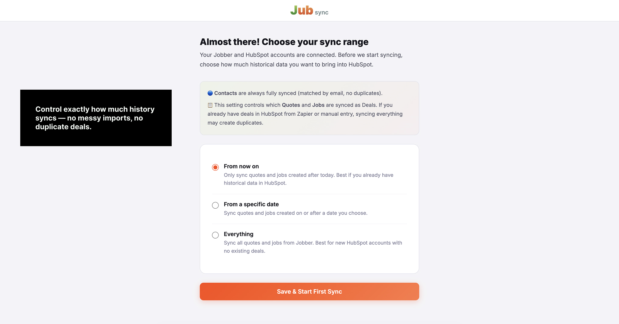 JubSync dashboard showing Jobber and HubSpot connection status and last sync result