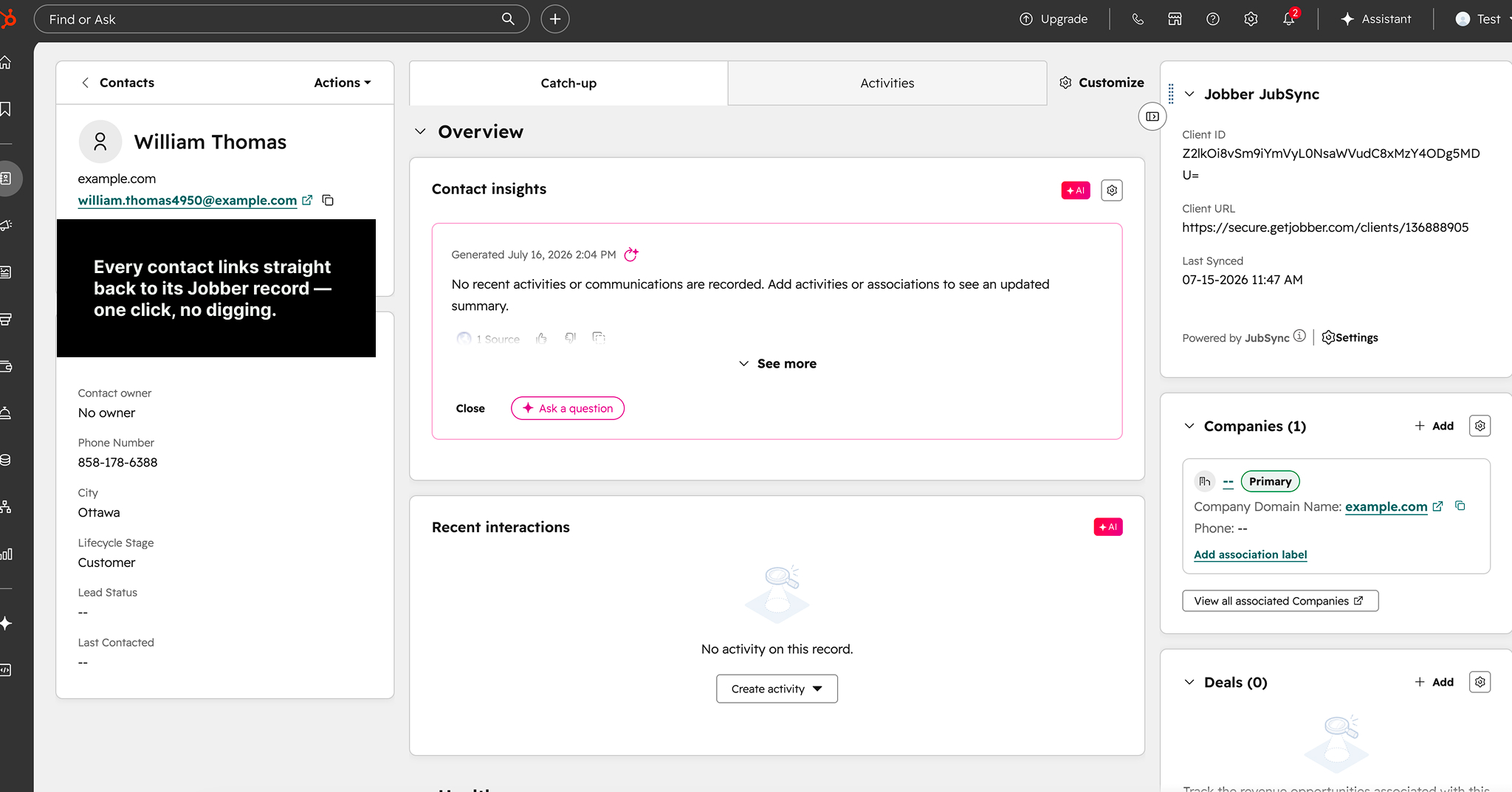 HubSpot contact record synced from a Jobber client