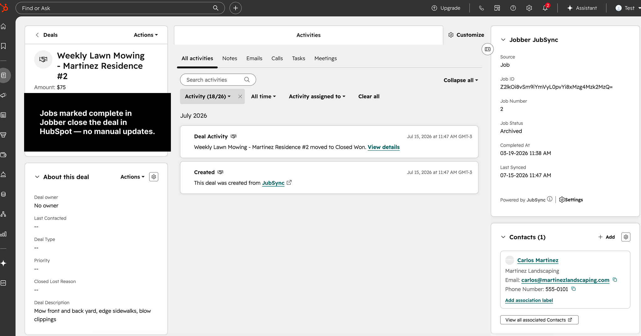 HubSpot deal record synced from a Jobber quote or job